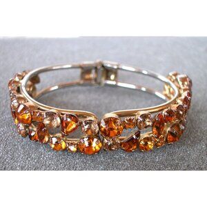 Vintage Gold-Tone 7" Clamper Bracelet With Amber & Clear Glass Rhinestones